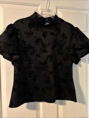 Hot Gal Black Velvet Floral Mock Neck Ruffle Sleeve Top